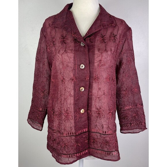 Vtg Coldwater Creek Sheer Burgundy Embroidered Top Burnout Dark Romantic Boho - Picture 1 of 14